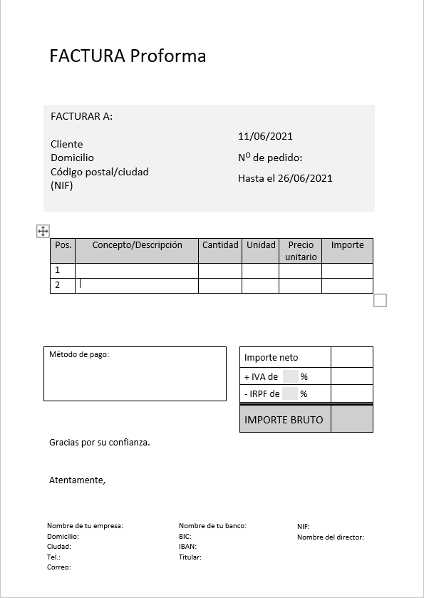 Plantillas factura proforma Excel, Word y PDF [GRATIS]